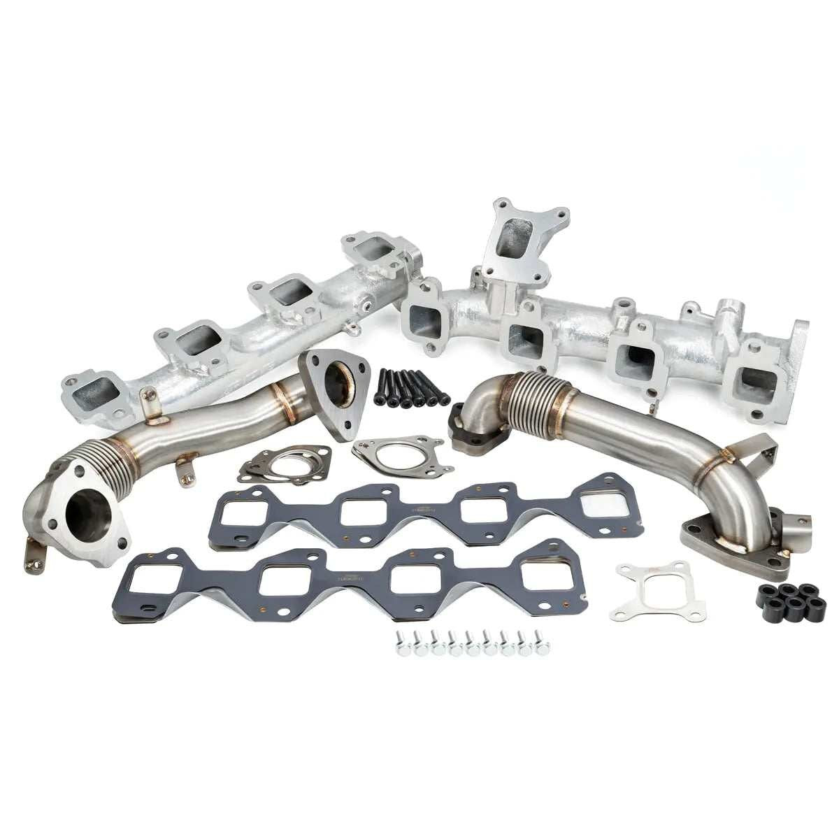 2017-2026 GM 6.6L Duramax High-Flow Exhaust Manifold and Up-Pipe Kit - Silver Ceramic Coating - Pacific Performance Engineering - 116112535